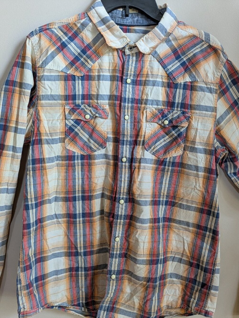 Aeropostale pearl snap long sleeve plaid shirt pink blue cream men xl #264